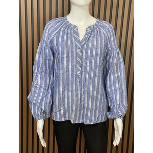 Talbots Women's XS Blue Blouse Linen Top Lantern Sleeve Petal Stripe Cocktail